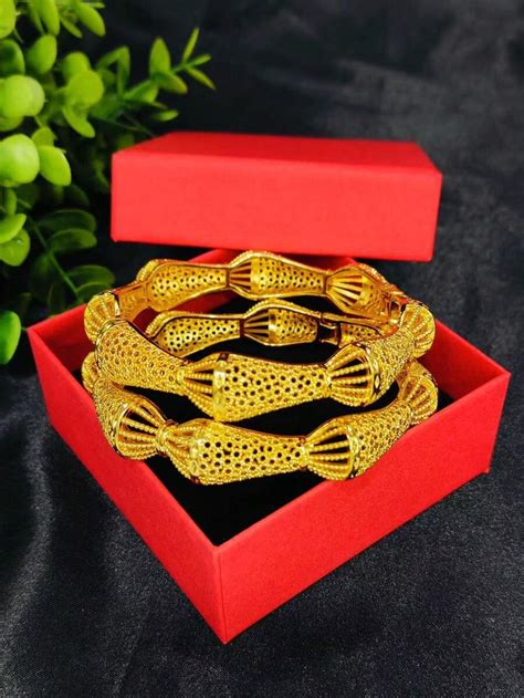 2pcs Gold-Plated Hollow Bangle Bracelets, Fashion Jewelry Set For Arab ...