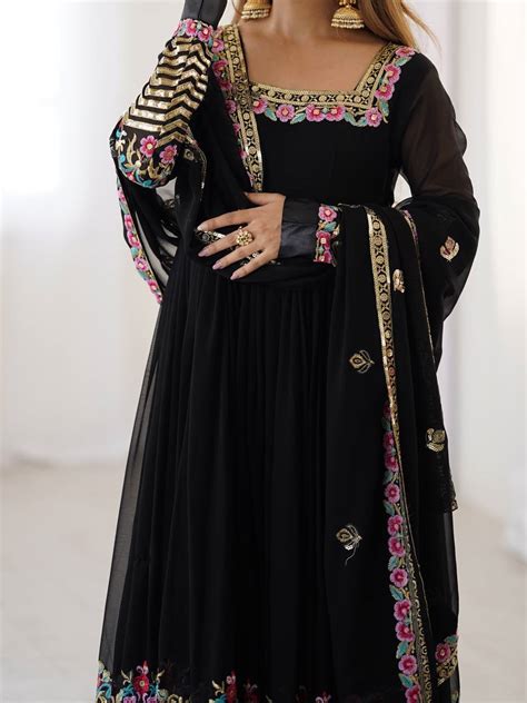 Black Georgette Anarkali Suit with Floral Embroidery and Golden Zari W ...