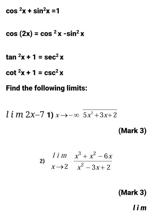 cos2x+sin2x=1 cos(2x)=cos2x−sin2x tan2x+1=sec2x | Chegg.com