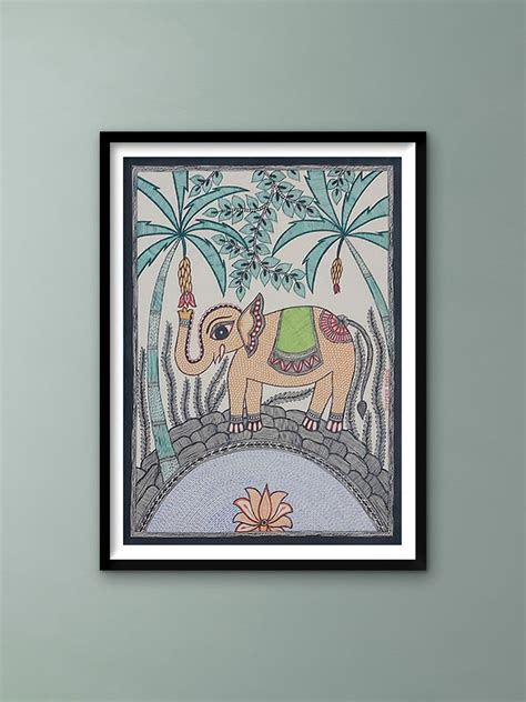 Elephant Eating Banana In Madhubani Painting