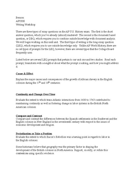 LEQ overview and sample prompts - Benson APUSH Writing Workshop There ...