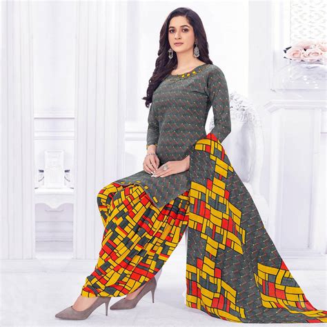 Grey Casual Wear Printed Cotton Dress Material