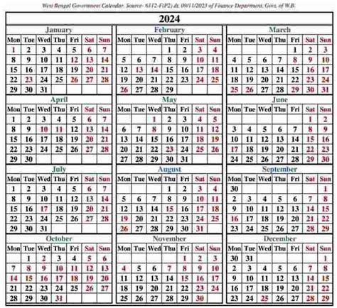 [calendar] West Bengal Govt Calendar 2024,West Bengal Government ...
