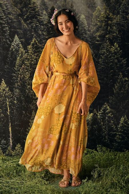 Buy Yellow Jacket Organza And Maxi Dress Crepe Floral Print V Neck ...