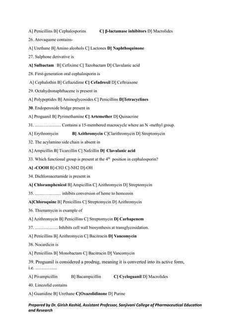 MCQs on Antibiotics and Antimalarial agents | PDF