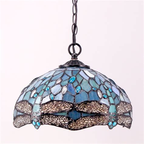 WERFACTORY Tiffany Pendant Light Plug in Sea Blue Stained Glass ...