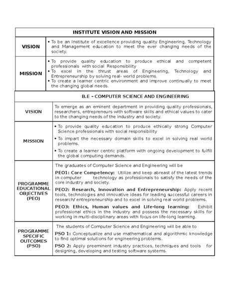 CSE Vision AND Mission - INSTITUTE VISION AND MISSION VISION To be an ...