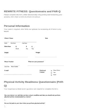Fillable Online Preliminary Questionnaire and PAR-Q - Rewrite Fitness ...
