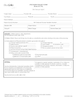 Fillable Online PROVIDER INQUIRY FORM BlueLink TPA One form per inquiry ...