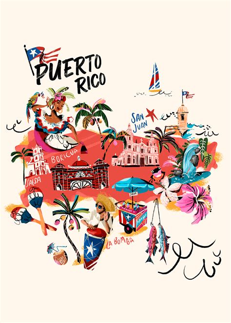 Puerto Rico Illustrated Map with Major Cities