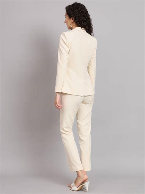 Regular Fit Notched Collar Stretch Pant Suit - Off White