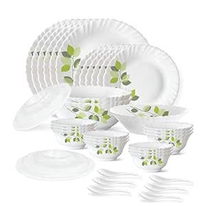 Larah by Borosil Green Leaves Silk Series Opalware Dinner Set | 35 ...