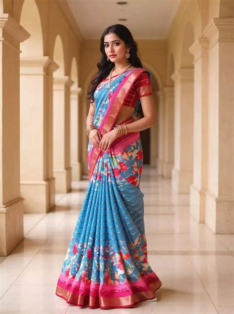 Blue Mangalagiri Dola Silk Floral Print Contrast Saree – South India ...