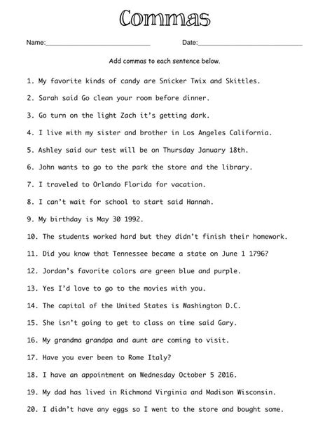 Image result for Adding Commas Worksheet