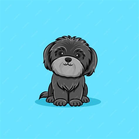 Cute black shih tzu dog puppy sitting cartoon vector | Premium Vector