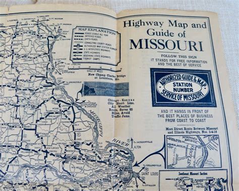 Missouri Highway Map and Guide ca. 1920s stations food lodging gas ...