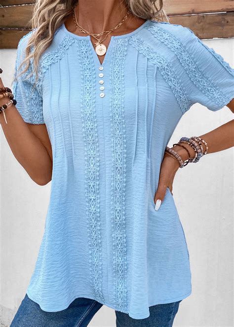 Light Blue Patchwork Short Sleeve Split Neck Blouse | modlily.com - USD ...