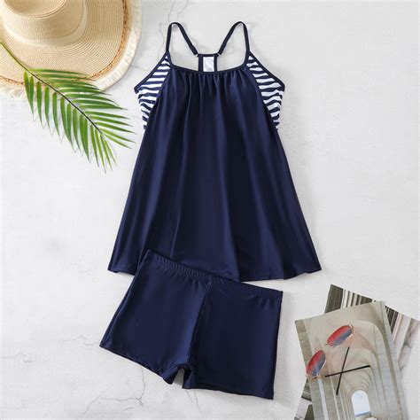 CALAFEBILA Tankini Girls Swimsuits Modest 2 Piece Solid Pleated Summer ...