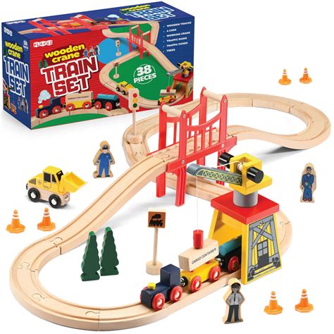 Amazon.com: Play22 Wooden Train Set Toddler Toys - 38 Pieces Wood Train ...