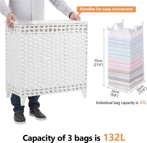 Buy Laundry Hamper with 3 Removable Liner Bags; 132L Handwoven Rattan ...