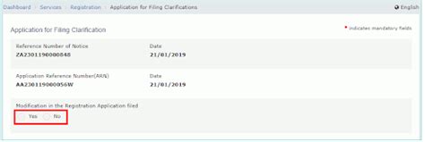 Application for filing clarification during GST registration process