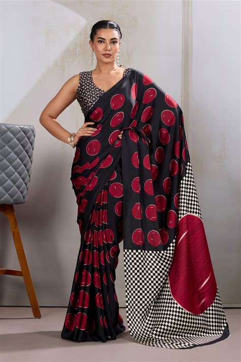 Buy Brink Red Printed Polka Dots Satin Crepe Saree Online - MySilkLove