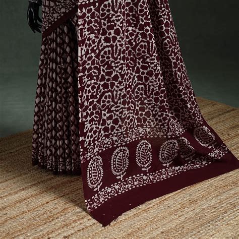 Maroon Pure Mul Cotton Hand Block Batik Print Saree