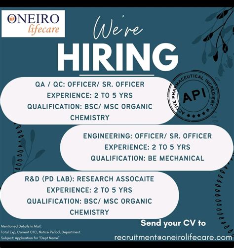 Oneiro Lifecare Gujarat job opening for QC QA Engineering and R&D apply now