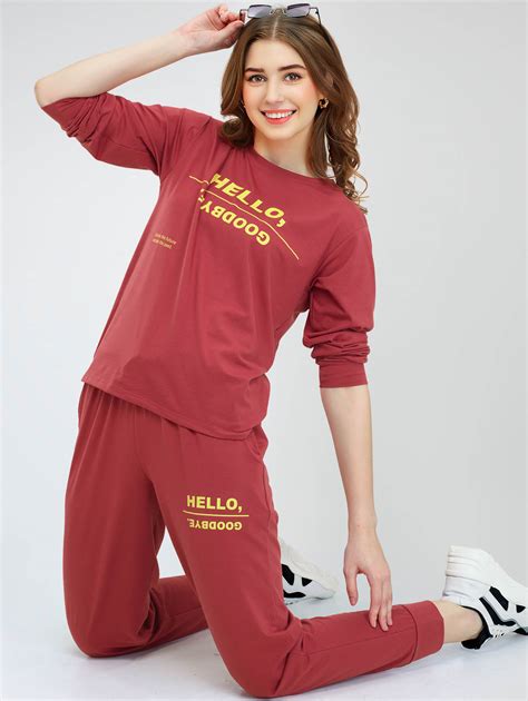 ZEYO Women's Cotton Rust Brown Typography Printed Night Suit Set of To