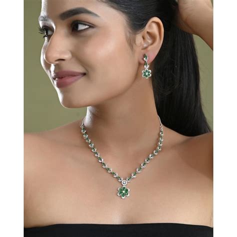 Buy VOJ Silver Plated Green Stone Floral Ad Jewellery Set Online