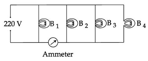 Four bulbs B1, B2, B3 and B4 of 100 W each are connected to 220 V main ...