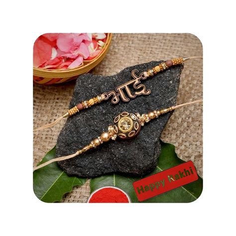 Buy eCraftIndia Set of 2 Golden Bhai Word and Pearls, Designer Rakhis ...