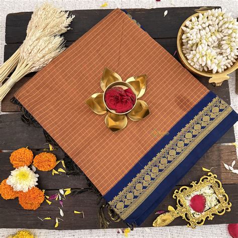 Vriksham Orange Brown With Navy Blue Border-Vairaoosi Podi Kattam-Kaly ...