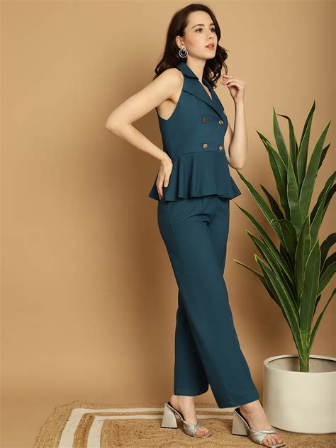 Teal Peplum Blazer Top With Trouser