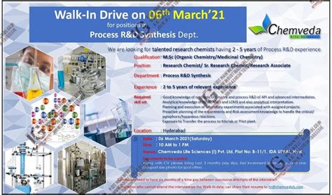Chemveda Lifescience interview in 2021 March 06th for Process R&D check now