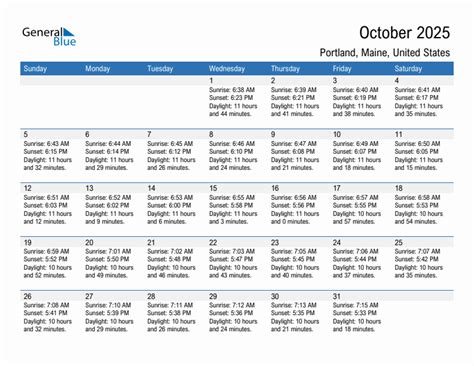 October 2025 Sunrise and Sunset Calendar for Portland, United States ...