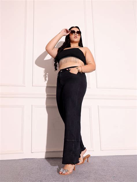 Women's Black Wide-Leg High-Rise Stretchable Denim Jeans