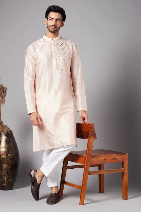 Buy Peach Dupion Embroidery Mirror Rooyi Kurta For Men by Hilo Design ...