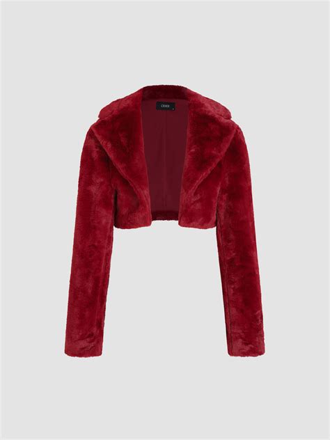 Faux Fur Lipstick Stains Cropped Maroon Fuzzy Jacket For Daily Casual