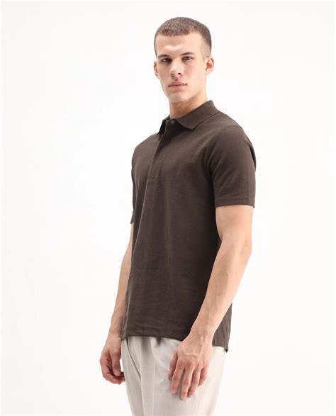 Rare Rabbit Men's Crin Brown Cotton Plain Regular Fit Half Sleeve Polo