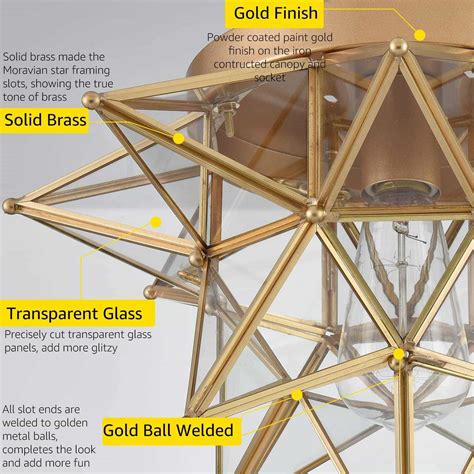 Brass Moravian Star Ceiling Light Transparent Glass 15-in | Claxy
