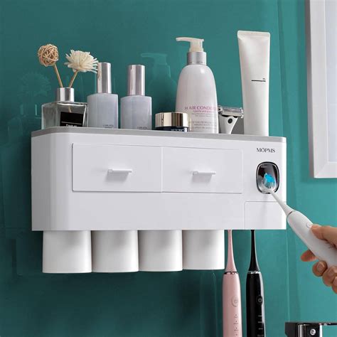 Toothbrush Holder Wall Mounted, MOPMS Automatic Toothpaste Dispenser Squeezer with Holders for ...