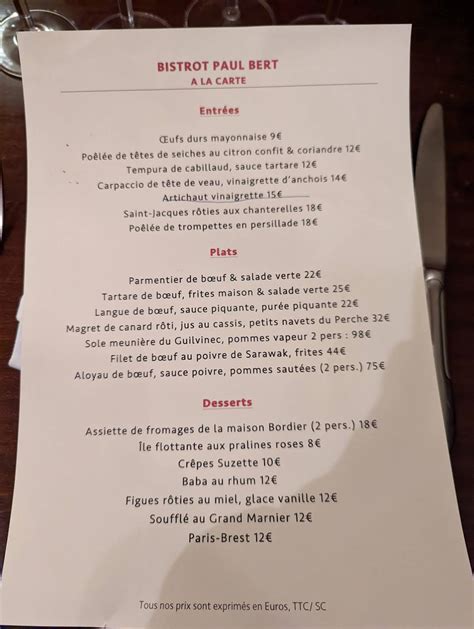 Menu at Bistrot Paul Bert restaurant, Paris