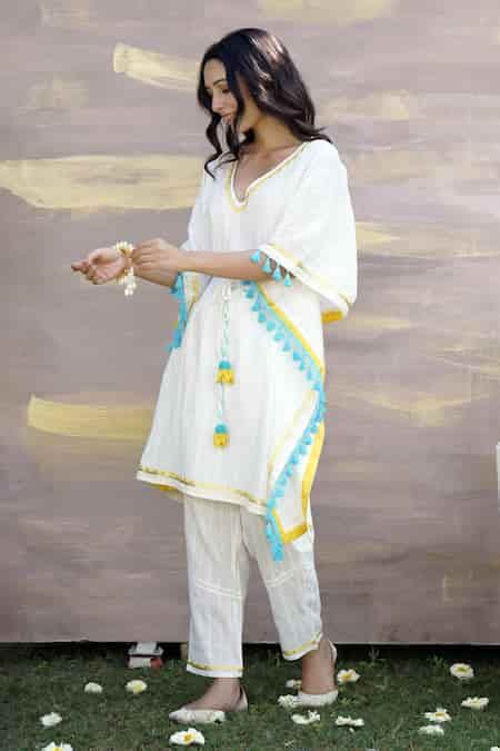 Buy Ivory Cotton Tassels, Gota Patti Lace Embellished Kaftan Tunic And ...