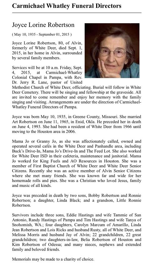 "Joyce Lorine Robertson," obituary, Carmichael Whatley Funeral ...