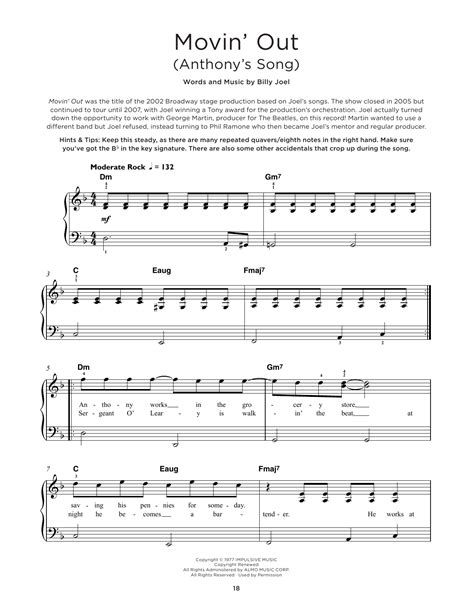 Movin' Out (Anthony's Song) by Billy Joel Sheet Music for Really Easy ...