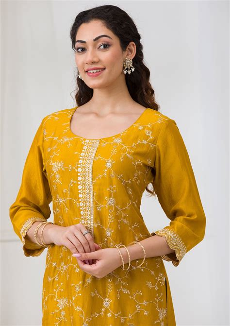 Buy Mustard Sequins Raw Silk Readymade Salwar Suit - Koskii