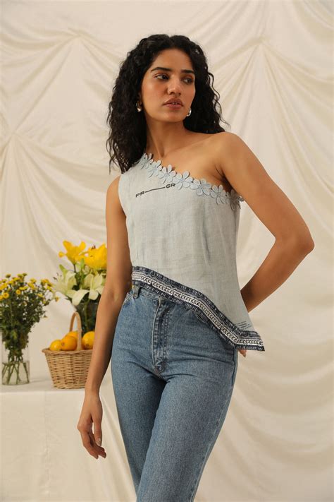 Pure Linen Ice Blue Women's Cut Out Top