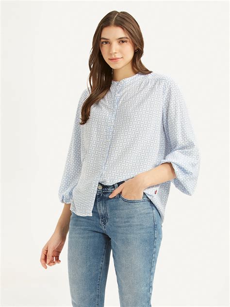 Women's Geometric Light Blue Band Neck Top – Levis India Store