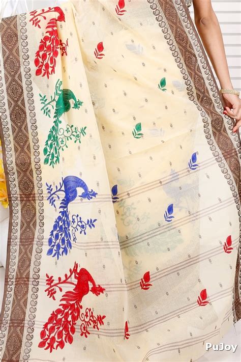 Brown White Pure Cotton Embi Boysko Moyur Tant Embroidery (1455 ...